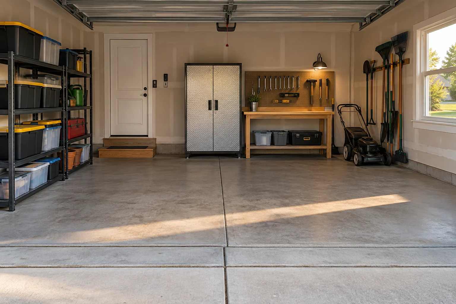 Illustrative residential junk removal scene at a garage